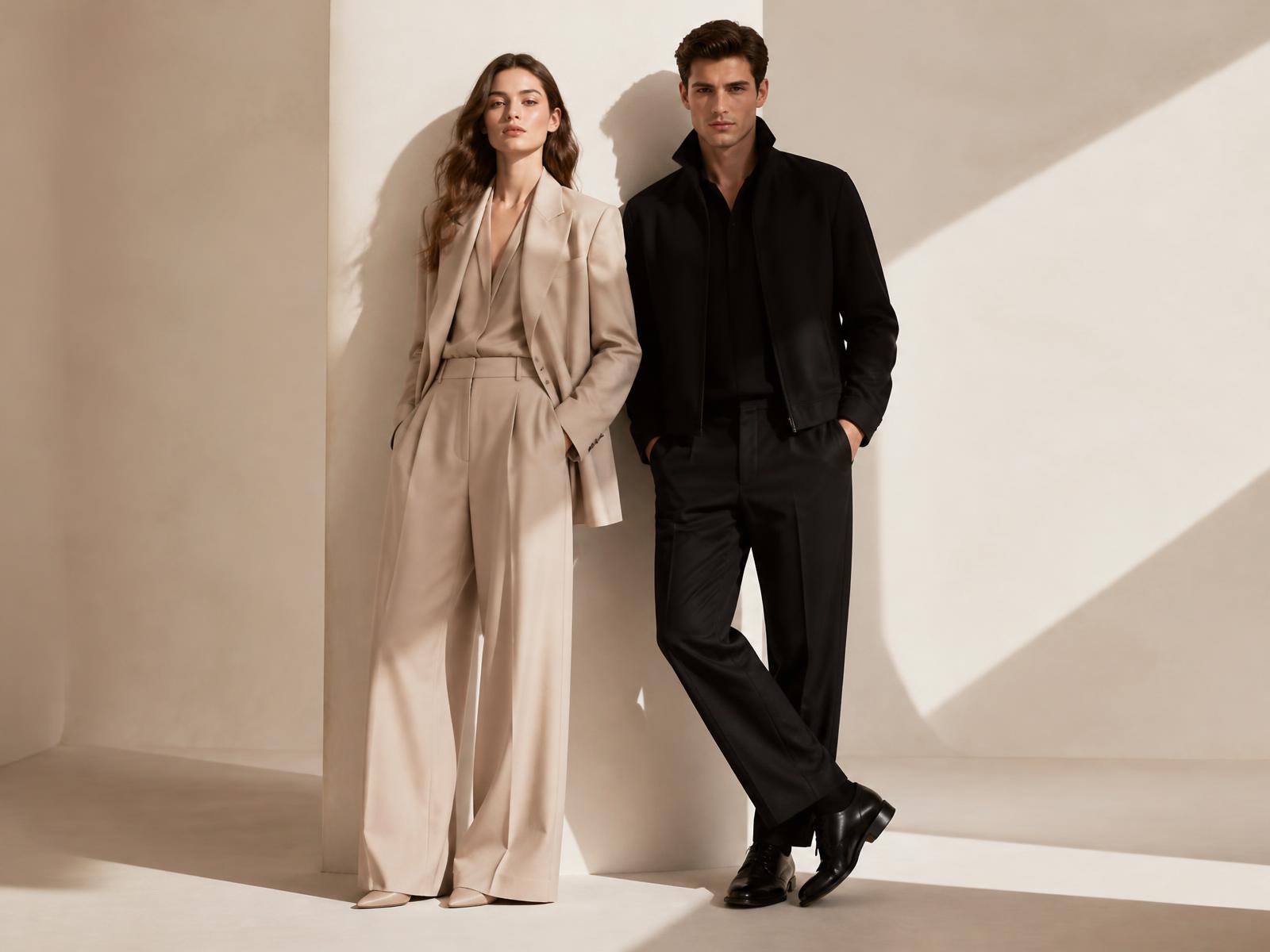 VELOSKA Fashion campaign — a woman and a man in premium neutral tailoring